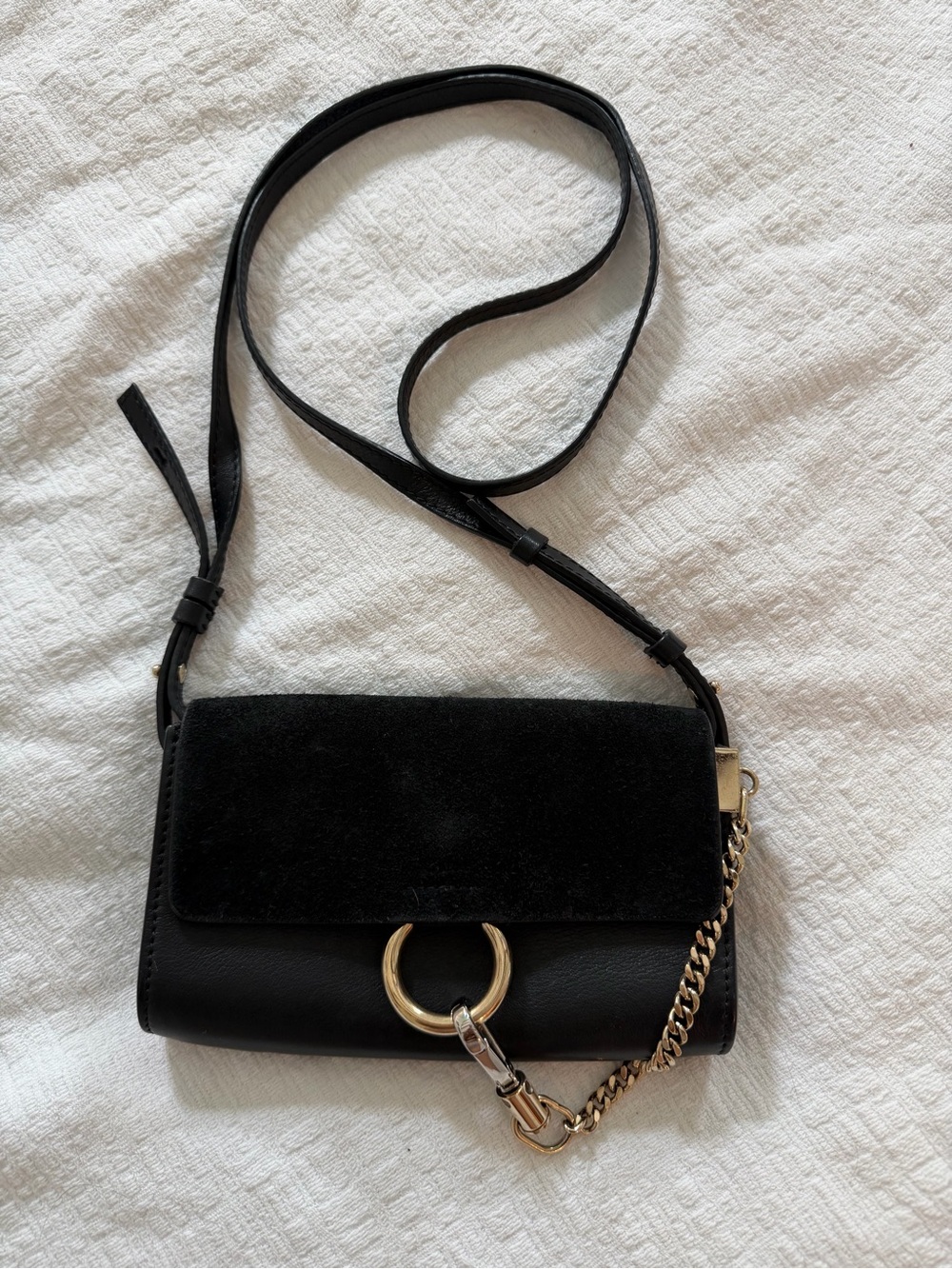 Chloe Faye Black Suede & Leather Crossbody Bag with Gold Ring Accent